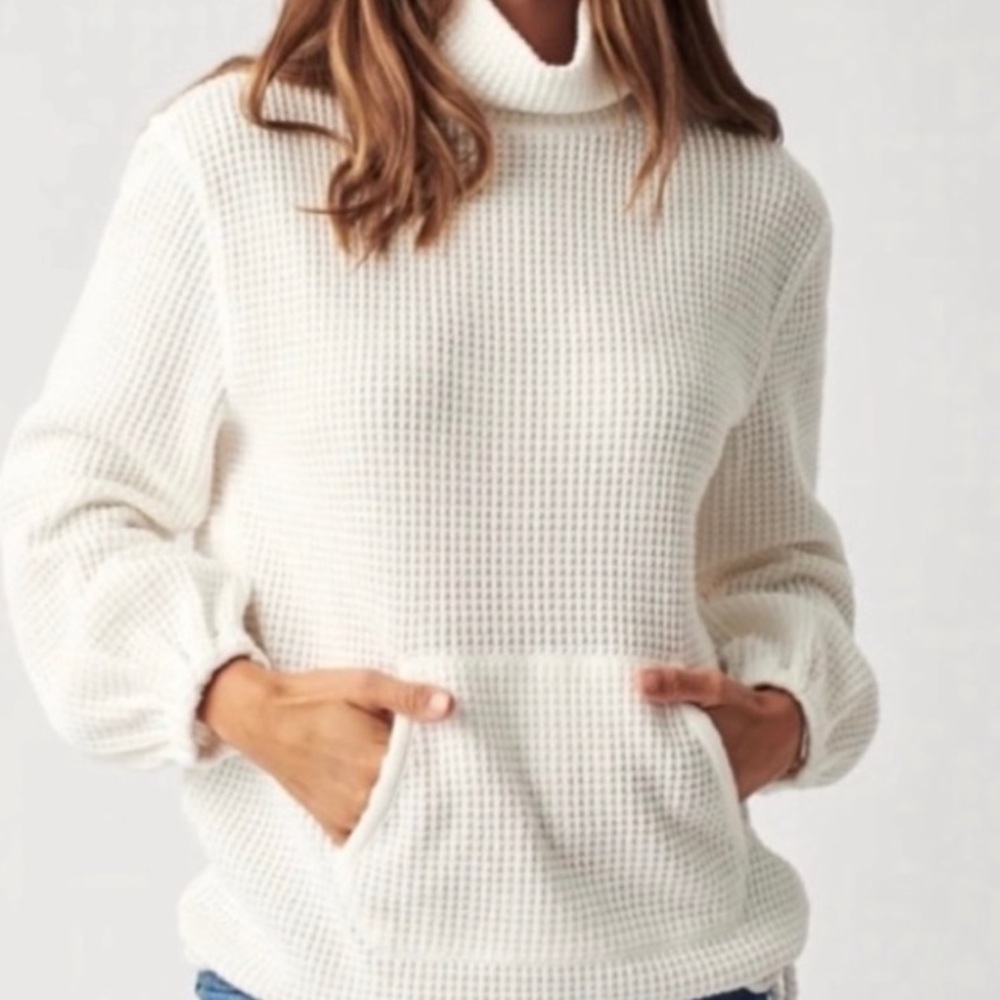Faherty Echo Thermal Mock Neck Pullover Sweater White Organic Cotton Size Small